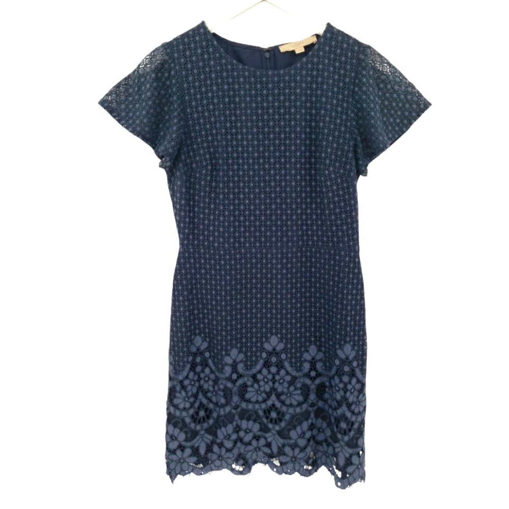 LOFT Size 4 Navy Short Sleeve Dress Floral Embroidery Throughout Fully Lined